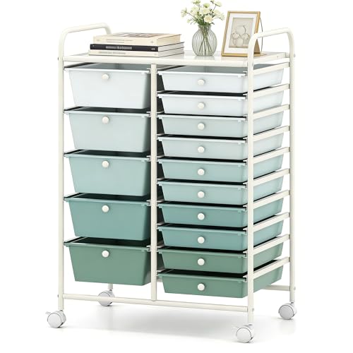 COSTWAY 15-Drawer Rolling Storage Cart, Mobile Utility Cart with Heavy-duty Frame & Lockable Wheels, Multipurpose Storage Organizer for Paper, Office, School, Green Gradient - color: Green Gradient, size: 15 Drawer