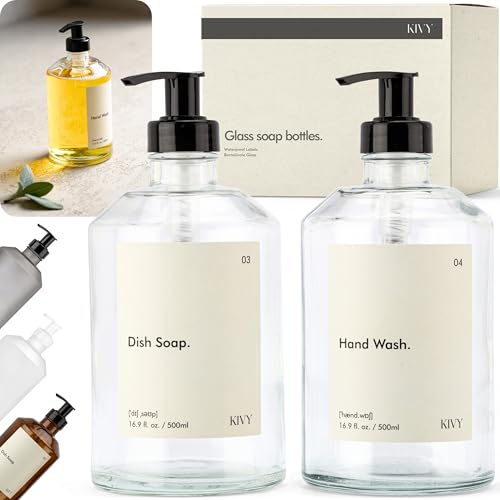 KIVY Glass Soap Dispenser Set [INCL. Waterproof Labels] - Glass Soap Dispenser with Pump - Hand Soap and Dish Soap Set - for Kitchen, Shower & Bathroom - Refillable (2X 16oz) - color: Glass