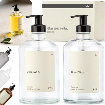 KIVY Glass Soap Dispenser Set [INCL. Waterproof Labels] - Glass Soap Dispenser with Pump - Hand Soap and Dish Soap Set - for Kitchen, Shower & Bathroom - Refillable (2X 16oz) - color: Glass