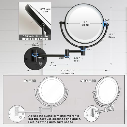 Rechargeable Bathroom Makeup Mirror with Light Wall Mounted, Brass 1/5X 2 Sided Magnifying Mirror with Extension Swing Arm, Touch Dimmable 360 Rotation Foldable Led Vanity Mirror, Matte Black - color: Matt Black