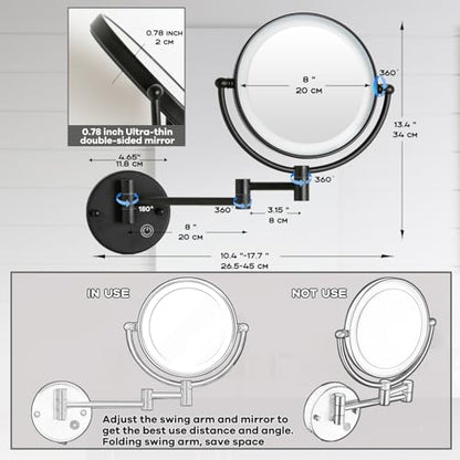 Rechargeable Bathroom Makeup Mirror with Light Wall Mounted, Brass 1/5X 2 Sided Magnifying Mirror with Extension Swing Arm, Touch Dimmable 360 Rotation Foldable Led Vanity Mirror, Matte Black - color: Matt Black