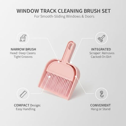 Pink Window Track Cleaning Brush Set for Narrow Grooves, Sliding Doors & Sink Edges