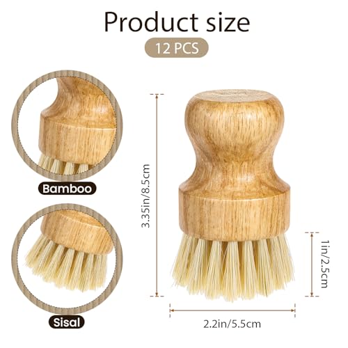 12 Packs Bamboo Dish Scrub Brush Wooden Washing Scrubbers with Sisal Bristles Kitchen Palm Pot Brush Round Mini Dish Brushes for Household Iron Pot Pan Sink Sink Vegetables Cleaning - color: Yellow
