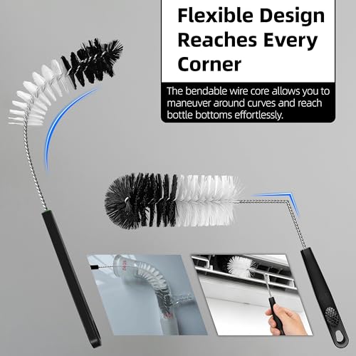 2 Pcs Bottle Brushes Set, Long Thin Flexible Bendable Flexible Cleaner for Narrow Neck Bottles, Water/Wine/Beer/Baby Bottles, Pipes, Tubes, Hoses, Teapots - Bendable & Dishwasher Safe - size: 14.8" standard