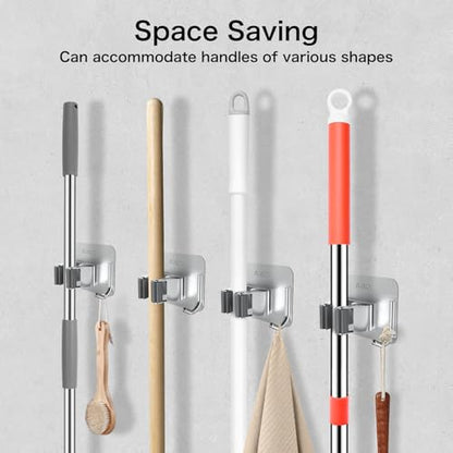 nacena 4 Pack No Drill Self Adhesive Broom Mop Holder Wall Mount with Hooks, Heavy Duty Stainless Steel Organizer for Kitchen Bathroom Garage Storage,Silver - color: Brushed Nickel-4 Packs