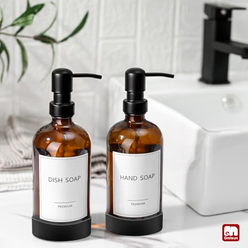 GMISUN Amber Glass Soap Dispenser with Silicone Sleeve Boot, 2 Pack Bathroom Hand Soap Dispensers with Pump, 17 Fl Oz Kitchen Hand and Dish Soap Dispenser Set, Liquid Soap Dispensers Bottle - color: Amber Bottle + Black Pump + Silicone Boot, size: 2 Pack