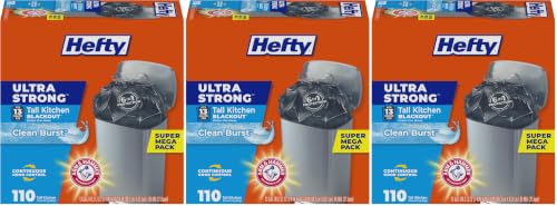 Hefty Ultra Strong Trash Bags,Black Tall Kitchen Trash Bags 13 Gallon Size,Break Resistant Drawstring Enclosure,Continuous Odor Control,Blackout,Clean Burst Scent,110 Count,(Pack of 3) - size: 110 Count (Pack of 3)