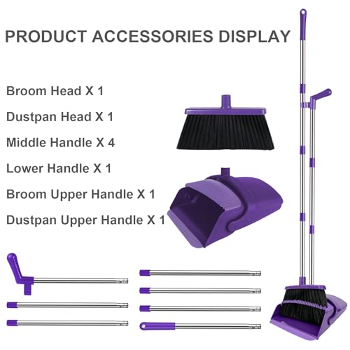 Purple Broom with Dustpan Combo Set, 51" Long Handle Household Cleaning Tool, Ideal Broom and Dustpan Set for Pet Hair and Home Use - color: Purple