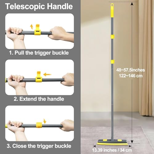 57.5-Inch Extended Handle Rubber Pet Hair Broom - Silicone Carpet Rake with Lint Remover & Built-in Scraper, Perfect for Floor, Tile & Carpet Cleaning