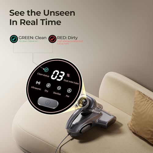 JIGOO Bed Vacuum Cleaner with Dust Sensor, Mattress Vacuum Cleaner with UV & Ultrasonic and High Heating, 13Kpa Suction 500W Powerful Double-Cup Handheld Vacuums (J300, Gray) - color: Gray