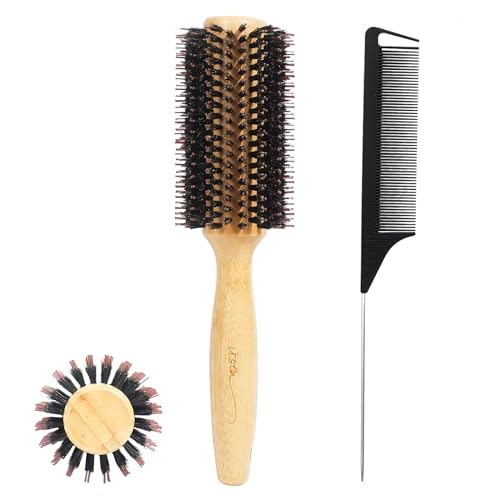 Vista Round Hair Brush with 10mm Boar Bristle 15mm Nylon Bristle Hairbrushes for Women Bamboo Hair Brush Styling with Tail Comb for Blow Drying, Shiny, Smooth, Long, Curly Hair - color: Large Bamboo