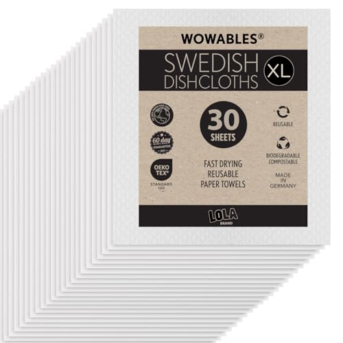 Swedish Dishcloths for Kitchen XL, 30 Sheet Roll, Biodegradable & Compostable, Reusable Paper Towel Cleaning Cloths, 11" x 10", No Odor, Washing Dishes, Ultra Absorbent Cellulose Sponge Towel, By LOLA - color: Natural, size: 30 Sheets