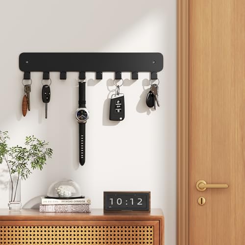 pickpiff Key Holder Wall Mount, Adhesive Key Rack with 8 Hooks Hanger for Car Key Ring, Metal Key Chain Organizer, Black 1 Pack - color: Black