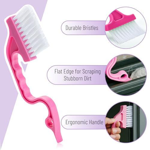 Slick- Window Track Cleaning Brush, 3 Pack, Shades of Pink, Ergonomic Handle, Built-in Scraper, Multipurpose Window Track Cleaning Tools for Faucets, Shower Heads and Drains