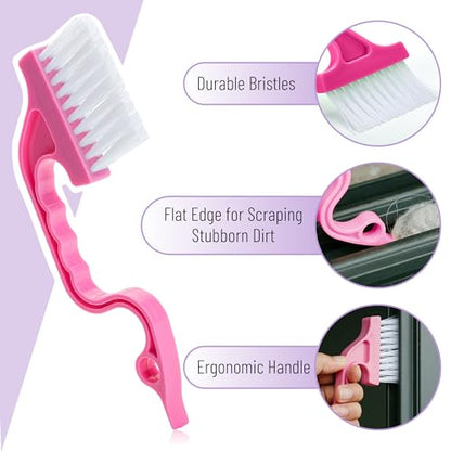 Slick- Window Track Cleaning Brush, 3 Pack, Shades of Pink, Ergonomic Handle, Built-in Scraper, Multipurpose Window Track Cleaning Tools for Faucets, Shower Heads and Drains