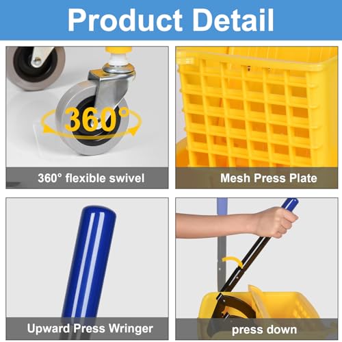 Side-Press Wringer Commercial Mop Bucket on Wheels, 35-Quart, Yellow Mop Bucket for Professional/Industrial/Business Heavy-Duty Floor Cleaning/Mopping