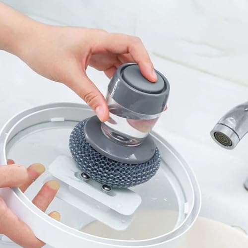 Artibetter Dishwashing Brush Set with Soap Dispenser, 1 Steel Wire Scrubber and 2 Synthetic Sponges, Pressure-Activated Pot and Pan Cleaning Brush for Kitchen and Home Use