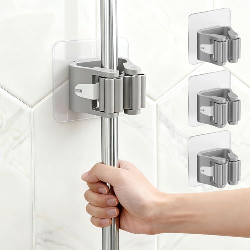 3Pcs Broom Holder Wall Mount Adhesive Mop Hanger No-Drill Strong Hold Hook Waterproof Mop and Broom Organizer Space Saving Storage Rack(Grey) - color: Grey