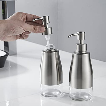Gaussra 2 Pack Soap Dispenser with Coaster and Stickers, Stainless Steel Case Glass Liner Hand Pump Dispenser, Refillable Liquid Hand Soap Dispenser for Bathroom & Kitchen - Brushed Nickel - color: Brushed Nickel 2