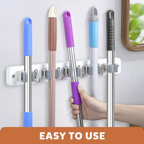 IMILLET Broom Holder Wall Mount, Wood Broom Holder with 5 Racks and 4 Hooks Broom Organizer, Laundry Room Organization and Storage, Mop Hanger for Home Organization, Garden, Garage, Closet (White) - style: Rustic