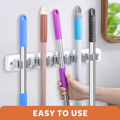 IMILLET Broom Holder Wall Mount, Wood Broom Holder with 5 Racks and 4 Hooks Broom Organizer, Laundry Room Organization and Storage, Mop Hanger for Home Organization, Garden, Garage, Closet (White) - style: Rustic