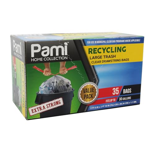 PAMI Recycling Tall Kitchen Drawstring Trash Bags- Extra-Strong Plastic Garbage Bags- Thick Trash Can Liners For Kitchen & Outdoor Bins- 2ft x2ft Unscented Trash Bags (30 Gallon – 35 Count – Clear) - style: 30 Gallon – 35 Count – Clear