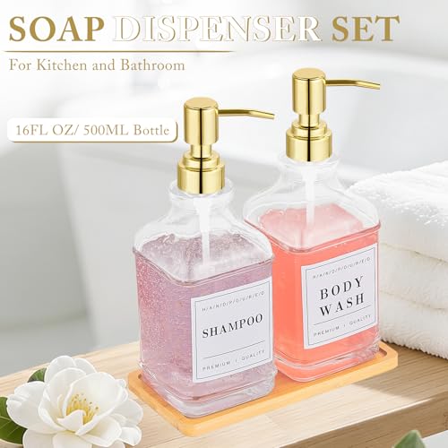 Dish and Hand Soap Dispenser for Kitchen,Glass Soap Dispenser with Pump,Tray,Funnel, Set of 2 Countertop Soap and Lotion Dispenser for Bathroom,Shower,500ml/16.9oz, - color: Ks-5070-28y-2g