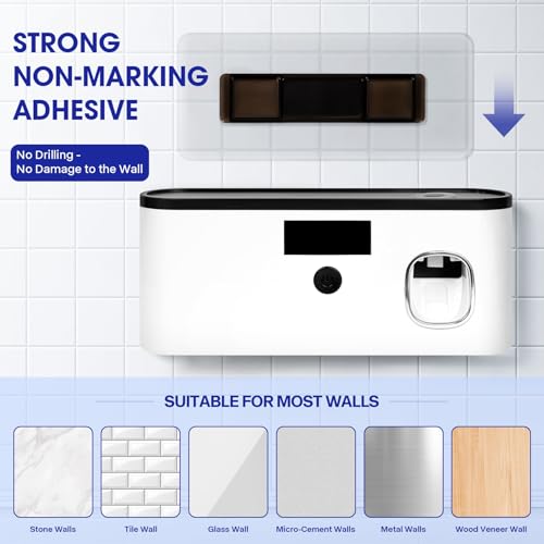 Punch-Free Wall Mounted Bathroom Toothbrush Holder, 5 Toothbrush Slots, Bathroom Toothbrush Sterilizer with Toothpaste Dispenser USB Charging Toothbrush Holder (White) - color: White
