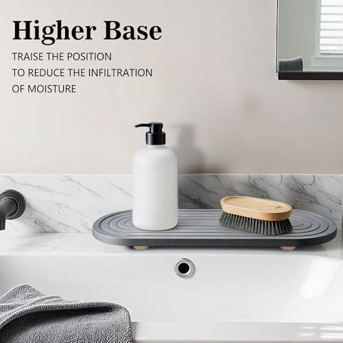 Instant Dry Sink Caddy Organizer, Fast Drying Sink Caddy, Water Absorbing Stone Sponge Holder for Kitchen and Bathroom Countertop with Natural Loofah and Wooden Feet - color: Dark Gray