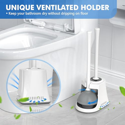 LOVLOY Toilet Plunger and Brush with Holder, Bowl Brush and Heavy Duty Toilet Plunger Set with Ventilated Holder, 2-in-1 Toilet Brush and Plunger Combo for 5.3-inch Toilet Drain New Pack (White, 1) - color: White