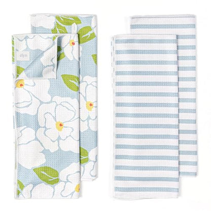 ELYN Microfiber Kitchen Dish Towel Set, Quick-Dry & Absorbent Waffle Weave Cleaning Towels, Set of 4 Kitchen Towels, Paper Towels Alternative (Magnolias & Stripe) - color: Magnolias & Stripe, style: Dish Towel - 4 Pack