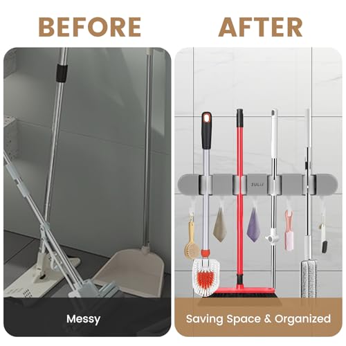 3PCS Broom Holder Wall Mount, No-Drilling Self-Adhesive Mop and Broom Storage Rack (4 Racks with 5 Hooks),Wall-Mounted Broom Hanger for Bathroom, Kitchen, Closet, Garage (Gray)