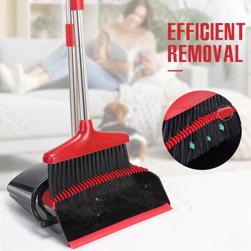 Broom and Dustpan Set with Long Handle, Light Weight Stainless Steel Poles Stand Upright Dustpans with Broom Combo for Home Kitchen Office Pet Dog Hair, Black & Red Color, 1-Pack - color: Red Black
