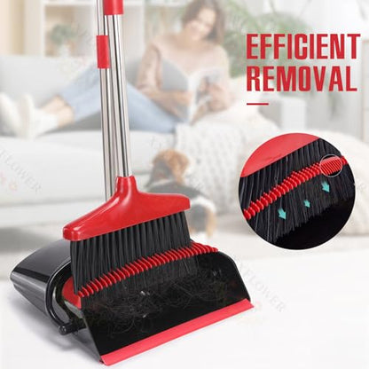 Broom and Dustpan Set with Long Handle, Light Weight Stainless Steel Poles Stand Upright Dustpans with Broom Combo for Home Kitchen Office Pet Dog Hair, Black & Red Color, 1-Pack - color: Red Black