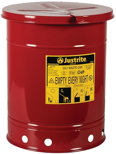 Justrite 10 Gallon Galvanized Steel Oily Waste Can, 18" x 14" Metal Oil Rag Safety Can with Hand Operated Self-Closing Lid for Oil Rag Disposal, Made in The USA, Red, 09310 - color: Red, size: 10 Gallon, style: Hand-Operated Lid