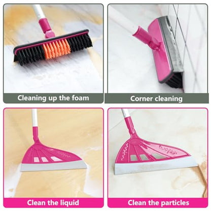 Magic Broom Household Silicone Broom, Multifunction Floor Squeegee with 2 Heads - Brush and Scrape, Magic Broom Sweeper with Extra-Long Adjustable Aluminum Handle for Floor, Glass, Tile (Bright Pink)