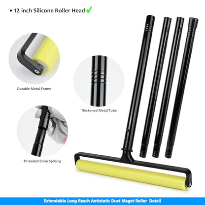 EHDIS Silicone Adhesive Lint Roller 12 Inch Wide Tacky Roller with 16‘’-58‘’ (1.3-4.8ft) Telescopic Extendable Handle, Dust Sticky Roller for Screen Protector Glass Film Electronics Cleaning Tool