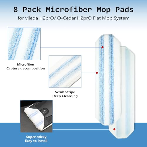 8 Pack Replacement Pads for O Cedar H2prO Flat Mop System, Flat Pads for Ocedar Flat Mop System, Machine Washable/ Reusable, Powerful Stain Removal, for Hardwood, Tile, Marble, laminate floors. - size: 8 H2prO Flat