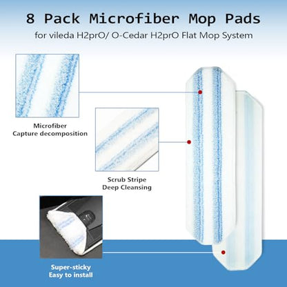 8 Pack Replacement Pads for O Cedar H2prO Flat Mop System, Flat Pads for Ocedar Flat Mop System, Machine Washable/ Reusable, Powerful Stain Removal, for Hardwood, Tile, Marble, laminate floors. - size: 8 H2prO Flat