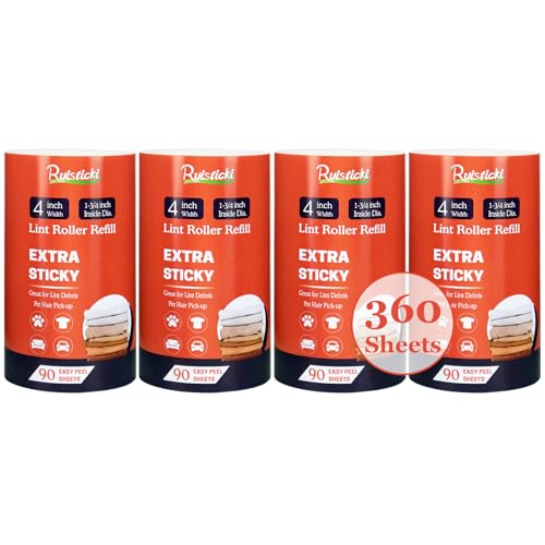 4 inch Lint Roller Refills Only for Scotch Brite, Everyday Clean Lint Roller Refills 4 Pack, Pet Hair Pickup Extra Sticky 90 Sheets per Refill, 360 Adhesive Sheets Total (1 3/4 inch Inside Diameter) - size: Inside Dia. 1 3/4 inch