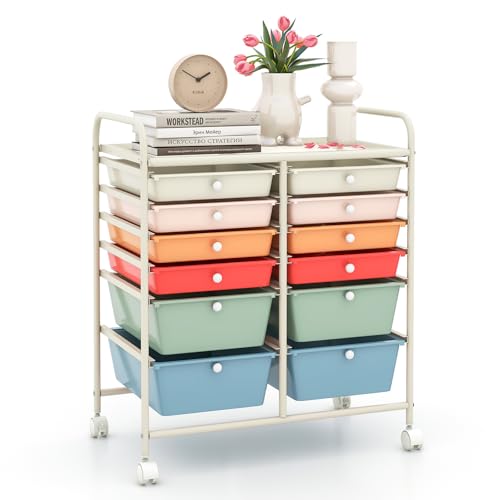 LDAILY 12 Drawer Rolling Storage Cart, Craft Cart Organizer on Wheels w/Metal Frame, Large Capacity & Smooth Drawer, Rolling Cart w/Drawers for Classroom, Office - color: Macaron, size: 12 Drawer