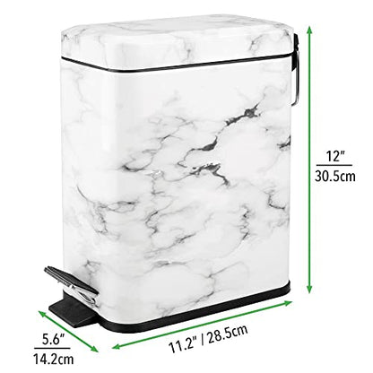 mDesign Small Modern 1.3 Gallon Rectangle Metal Lidded Step Trash Can, Compact Garbage Bin with Removable Liner Bucket and Handle for Bathroom, Kitchen, Craft Room, Office, Garage - White Marble - color: White Marble, size: 1.3 Gallon