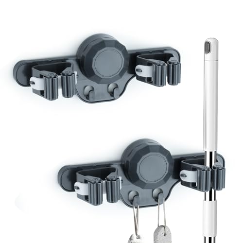 2 Pack Broom Holder Mop Hanger Wall Mount - Strong Suction Cup Mop and Broom Organizer with Hooks, Space Saving Removable Rack for Laundry Room Garden Garage (Grey) - color: Grey