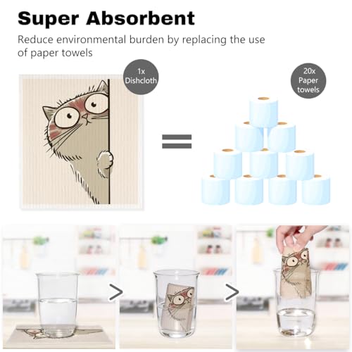 5 Pcs Cartoon Cute Peeking Kitten Swedish Dishcloths, Kitty Swedish Dishcloth, Funny Cat Dish Cloths for Drying Dishes, Reusable Cleaning Cloths, Cat Lover Gifts for Women 5 - color: Lm 03436