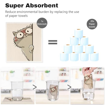 5 Pcs Cartoon Cute Peeking Kitten Swedish Dishcloths, Kitty Swedish Dishcloth, Funny Cat Dish Cloths for Drying Dishes, Reusable Cleaning Cloths, Cat Lover Gifts for Women 5 - color: Lm 03436