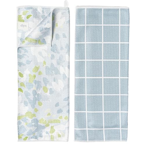 ELYN Microfiber Kitchen Dish Towel Set, Quick-Dry & Absorbent Waffle Weave Cleaning Towels, Set of 2 Kitchen Towels, Paper Towels Alternative (Painterly Floral & Grid) - color: Painterly Floral & Grid, style: Dish Towel - 2 Pack