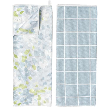 ELYN Microfiber Kitchen Dish Towel Set, Quick-Dry & Absorbent Waffle Weave Cleaning Towels, Set of 2 Kitchen Towels, Paper Towels Alternative (Painterly Floral & Grid) - color: Painterly Floral & Grid, style: Dish Towel - 2 Pack