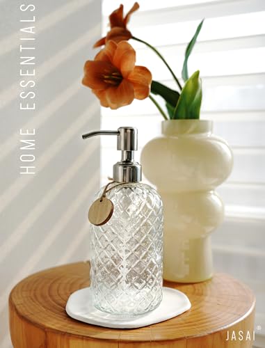 JASAI 18Oz Gem Patterned Clear Glass Soap Dispenser with Rust Proof Pump, Refillable Hand soap Dispenser for Kitchen, Premium Bathroom Soap Dispenser for Dish Soap, Hand soap, Lotion(Clear). - color: Clear
