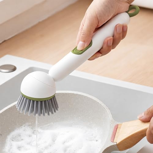 Dish Brush with Soap Dispenser- Kitchen Cleaning Brush, Adjustable Head Scrubber for Pots Pans Sink Cleaning Tool with Handle(Green) - color: Green