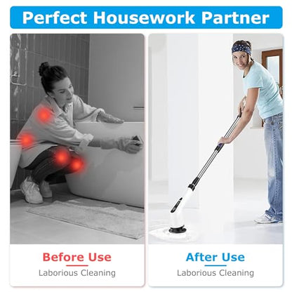 Moclever Electric Spin Scrubber 8 in 1 Electric Cleaning Brush, Cordless Rechargeable Telescopic Shower Scrubber 2 Speed Adjustable Handle Power Scrubbers for Bathroom, Tub, Floor Tile, Car